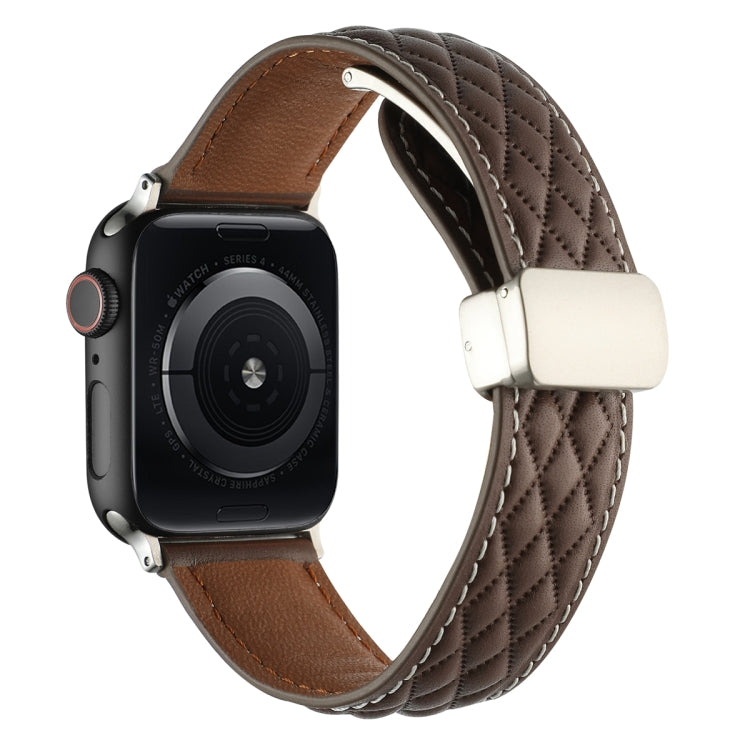 For Apple Watch Series 4 44mm Rhombus Pattern Magnetic Folding Buckle Leather Watch Band(Dark Coffee) by bashfashion