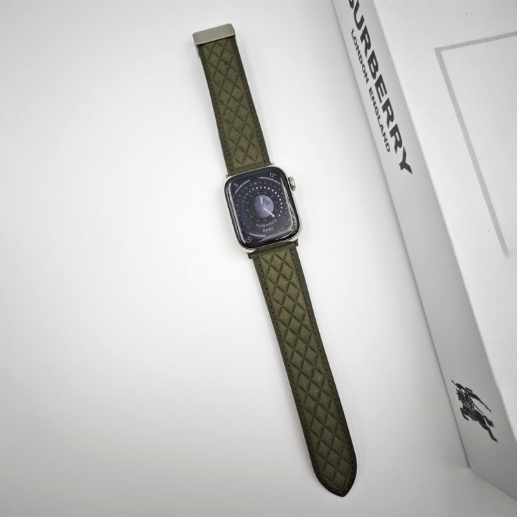 For Apple Watch Series 4 44mm Rhombus Pattern Magnetic Folding Buckle Leather Watch Band(Army Green) by bashfashion