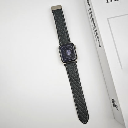 For Apple Watch 42mm Rhombus Pattern Magnetic Folding Buckle Leather Watch Band(Dark Green) by bashfashion