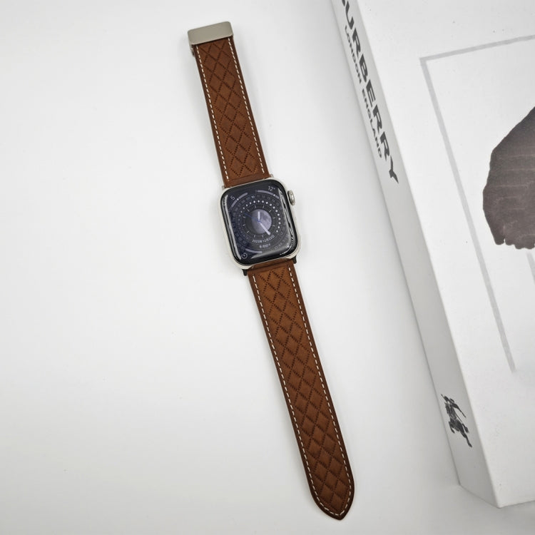 For Apple Watch 42mm Rhombus Pattern Magnetic Folding Buckle Leather Watch Band(Dark Brown) by bashfashion