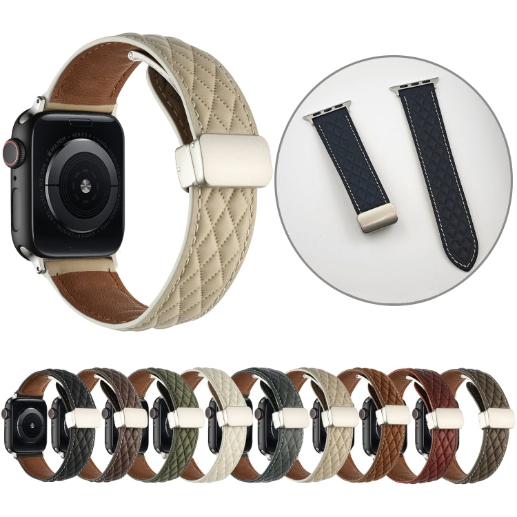 For Apple Watch Ultra 49mm Rhombus Pattern Magnetic Folding Buckle Leather Watch Band(Dark Coffee) by bashfashion