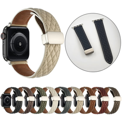 For Apple Watch Series 9 45mm Rhombus Pattern Magnetic Folding Buckle Leather Watch Band(Black) by bashfashion