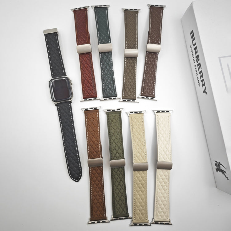 For Apple Watch Series 5 44mm Rhombus Pattern Magnetic Folding Buckle Leather Watch Band(Starlight Color) by bashfashion