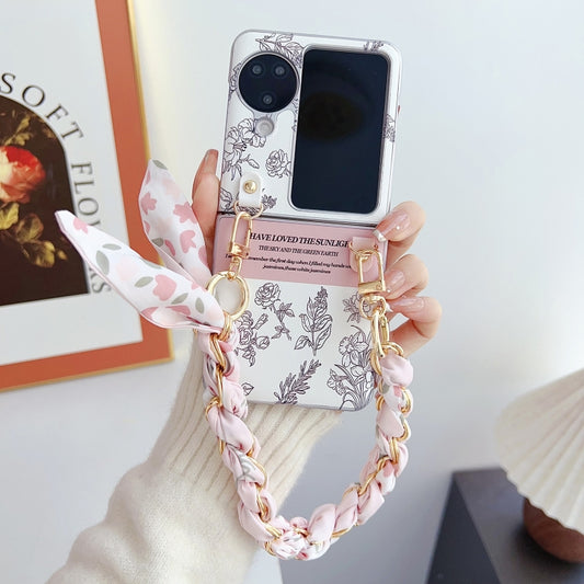 For OPPO Find N3 Flip Pearlescent Paint Painted PC Phone Case with DIY Scarf Bracelet(Sketch Flower) by bashfashion