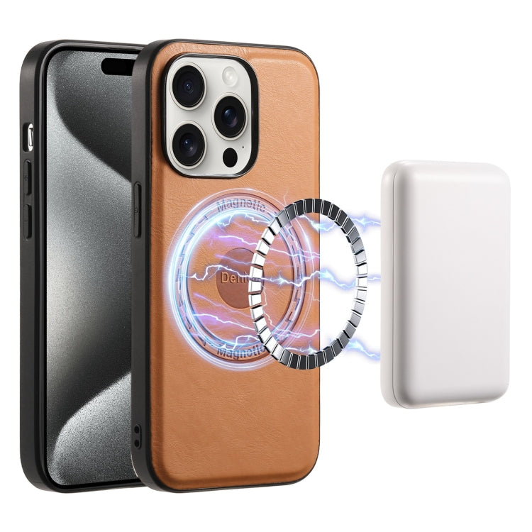 For iPhone 15 Pro Denior Cowhide Texture Leather MagSafe Phone Case(Khaki) by Denior