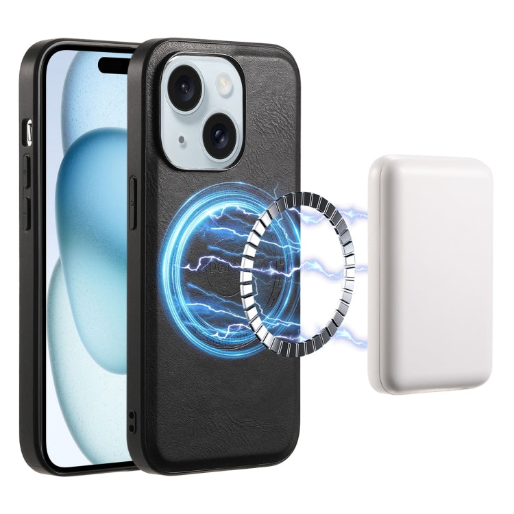 For iPhone 15 Plus Denior Cowhide Texture Leather MagSafe Phone Case(Black) by Denior