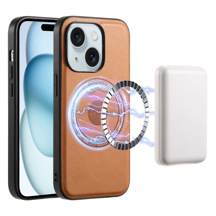 For iPhone 15 Plus Denior Cowhide Texture Leather MagSafe Phone Case(Khaki) by Denior