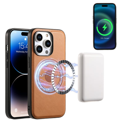 For iPhone 15 Plus Denior Cowhide Texture Leather MagSafe Phone Case(Khaki) by Denior