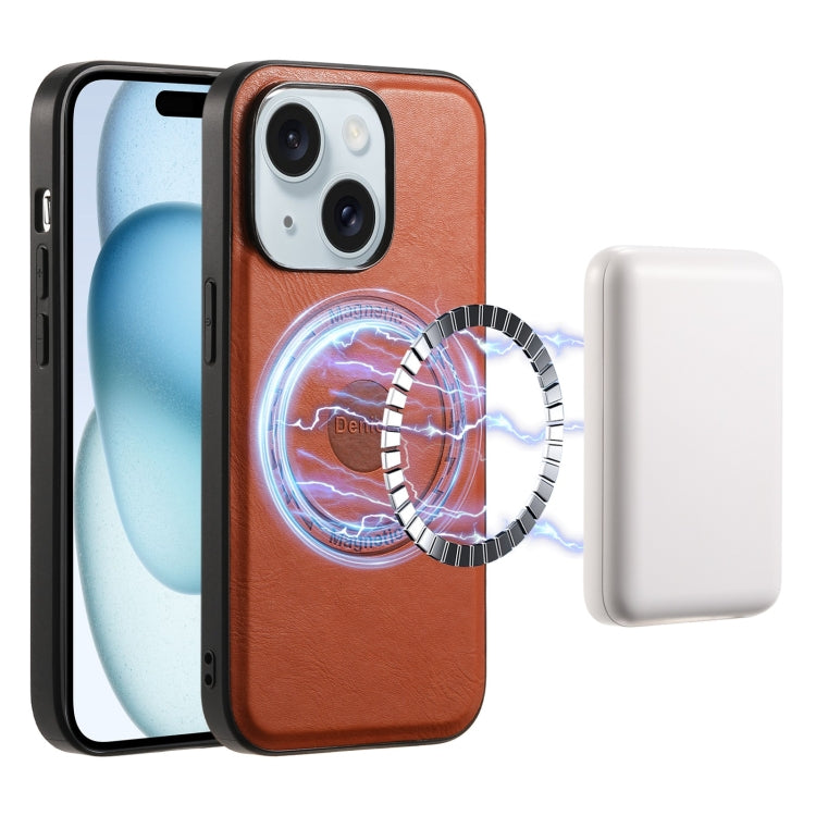 For iPhone 15 Denior Cowhide Texture Leather MagSafe Phone Case(Brown) by Denior