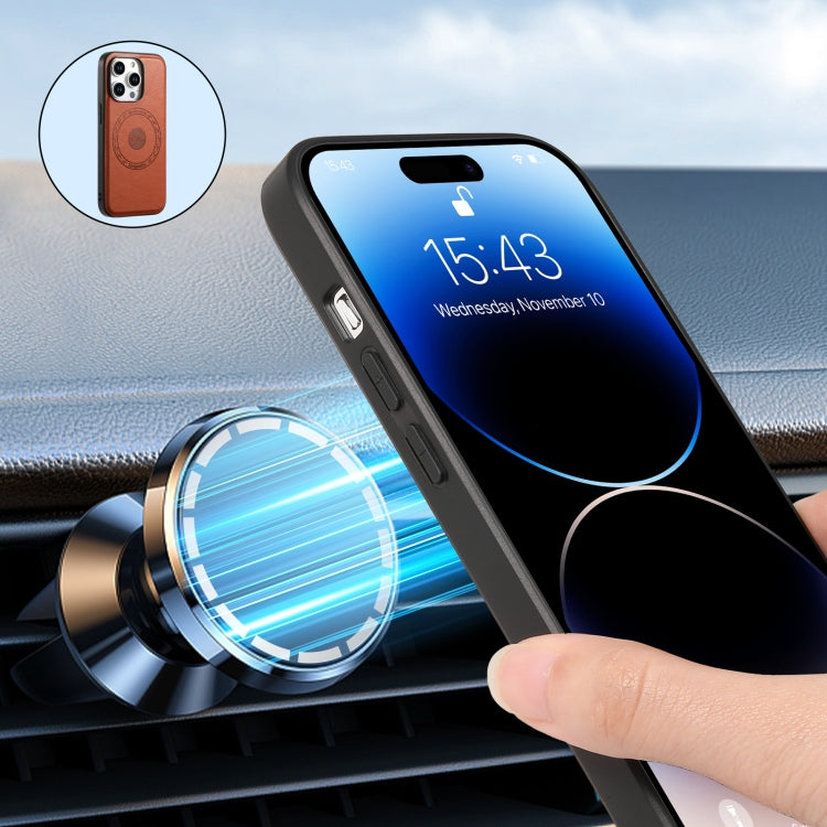 For iPhone 15 Denior Cowhide Texture Leather MagSafe Phone Case(Brown) by Denior