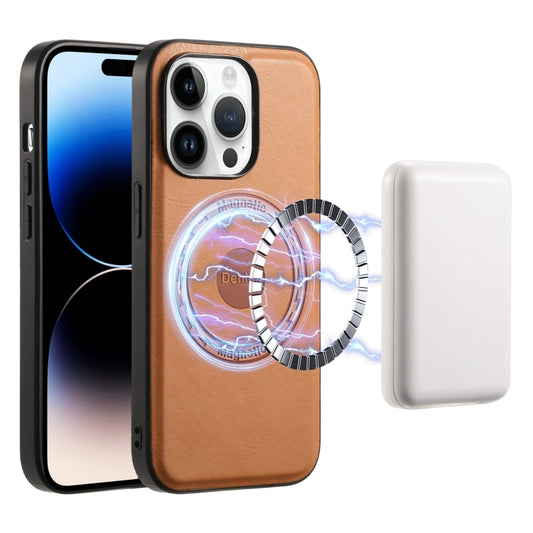 For iPhone 14 Pro Denior Cowhide Texture Leather MagSafe Phone Case(Khaki) by Denior