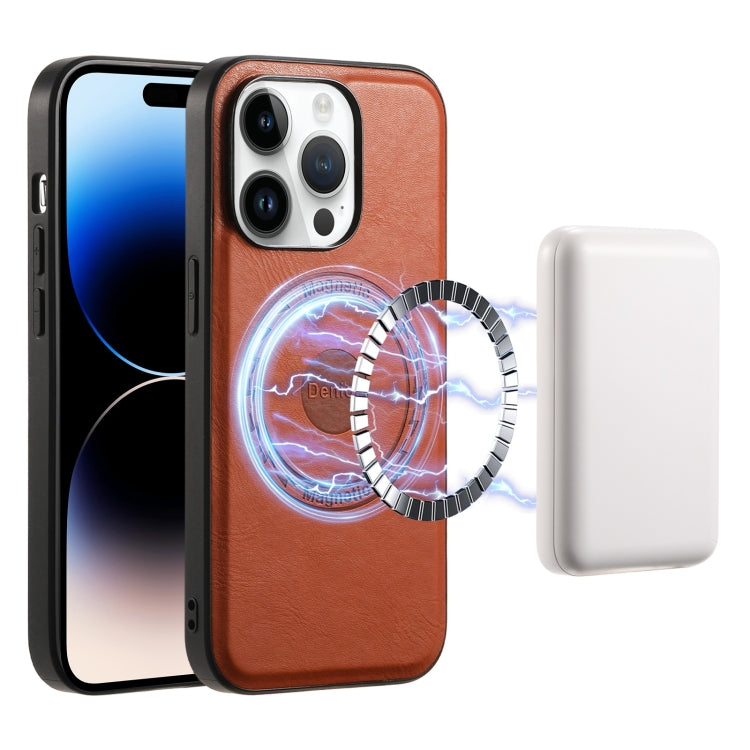 For iPhone 14 Pro Denior Cowhide Texture Leather MagSafe Phone Case(Brown) by Denior