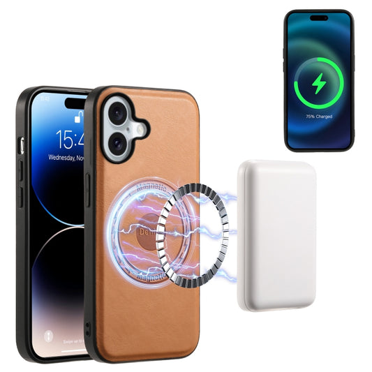 For iPhone 16 Denior Cowhide Texture Leather MagSafe Phone Case(Khaki) by Denior