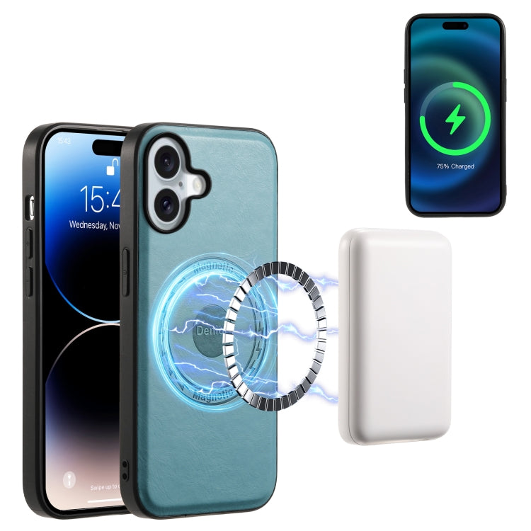 For iPhone 16 Plus Denior Cowhide Texture Leather MagSafe Phone Case(Blue) by Denior