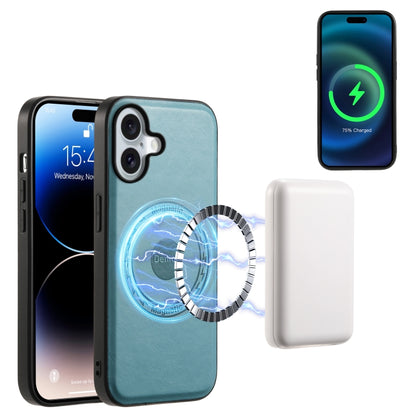 For iPhone 16 Plus Denior Cowhide Texture Leather MagSafe Phone Case(Blue) by Denior