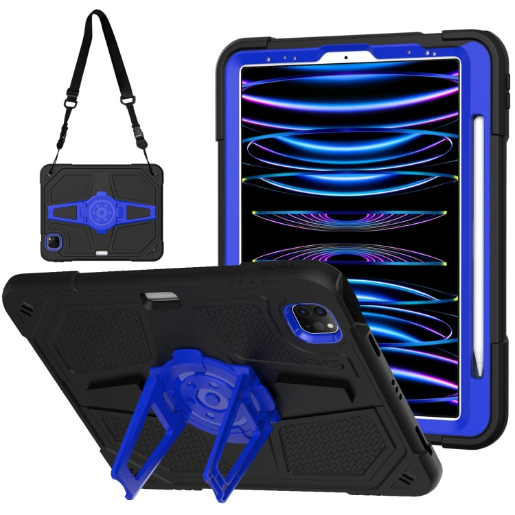For iPad Air 2022 10.9 / Pro 11 2022 Punk Stand PC Hybrid Silicone Tablet Case with Shoulder Strap(Black Blue) by bashfashion