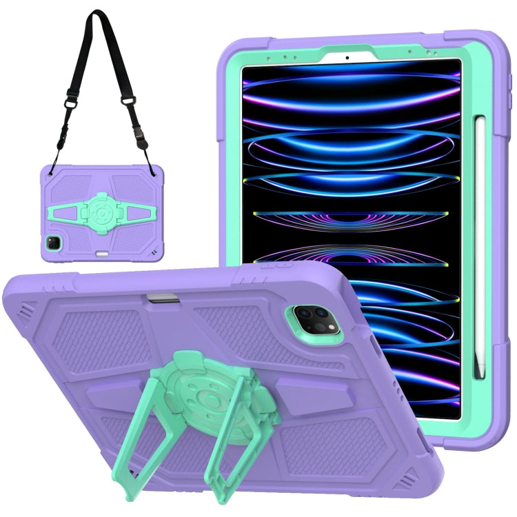 For iPad Air 2022 10.9 / Pro 11 2022 Punk Stand PC Hybrid Silicone Tablet Case with Shoulder Strap(Purple Teal) by bashfashion