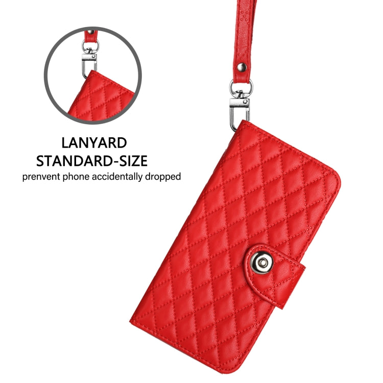 For iPhone SE 2024 Rhombic Texture Flip Leather Phone Case with Lanyard(Red) by bashfashion
