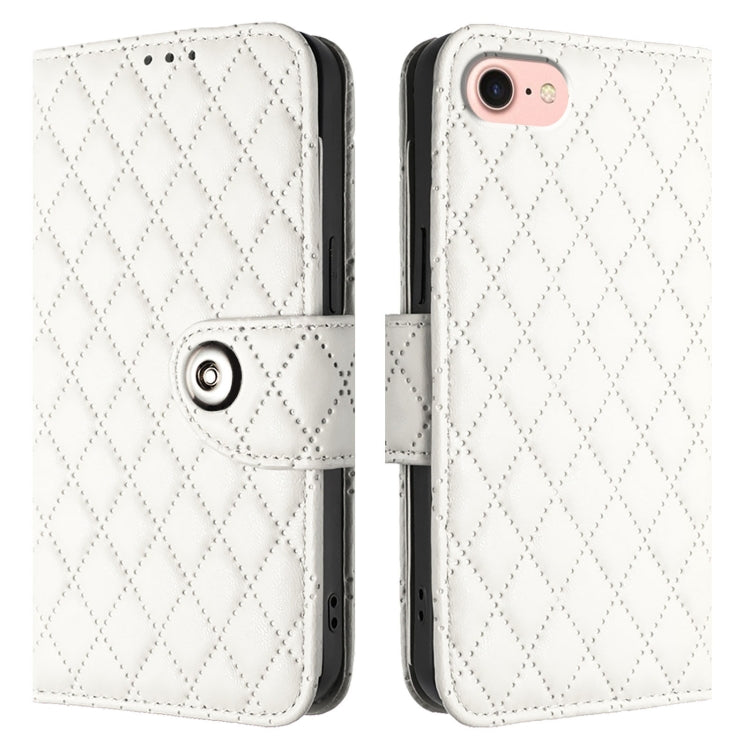 For iPhone SE 2024 Rhombic Texture Flip Leather Phone Case with Lanyard(White) by bashfashion