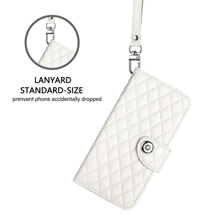 For iPhone SE 2024 Rhombic Texture Flip Leather Phone Case with Lanyard(White) by bashfashion
