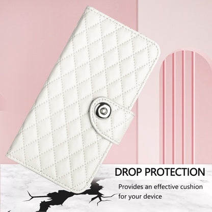 For iPhone SE 2024 Rhombic Texture Flip Leather Phone Case with Lanyard(White) by bashfashion