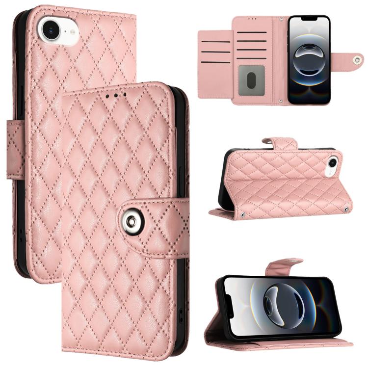 For iPhone SE 2024 Rhombic Texture Flip Leather Phone Case with Lanyard(Coral Pink) by bashfashion