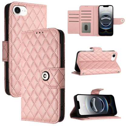 For iPhone SE 2024 Rhombic Texture Flip Leather Phone Case with Lanyard(Coral Pink) by bashfashion