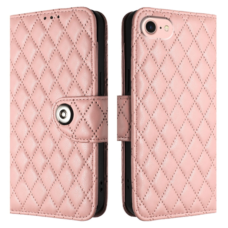 For iPhone SE 2024 Rhombic Texture Flip Leather Phone Case with Lanyard(Coral Pink) by bashfashion