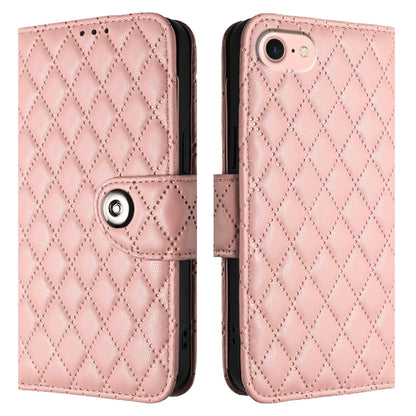 For iPhone SE 2024 Rhombic Texture Flip Leather Phone Case with Lanyard(Coral Pink) by bashfashion