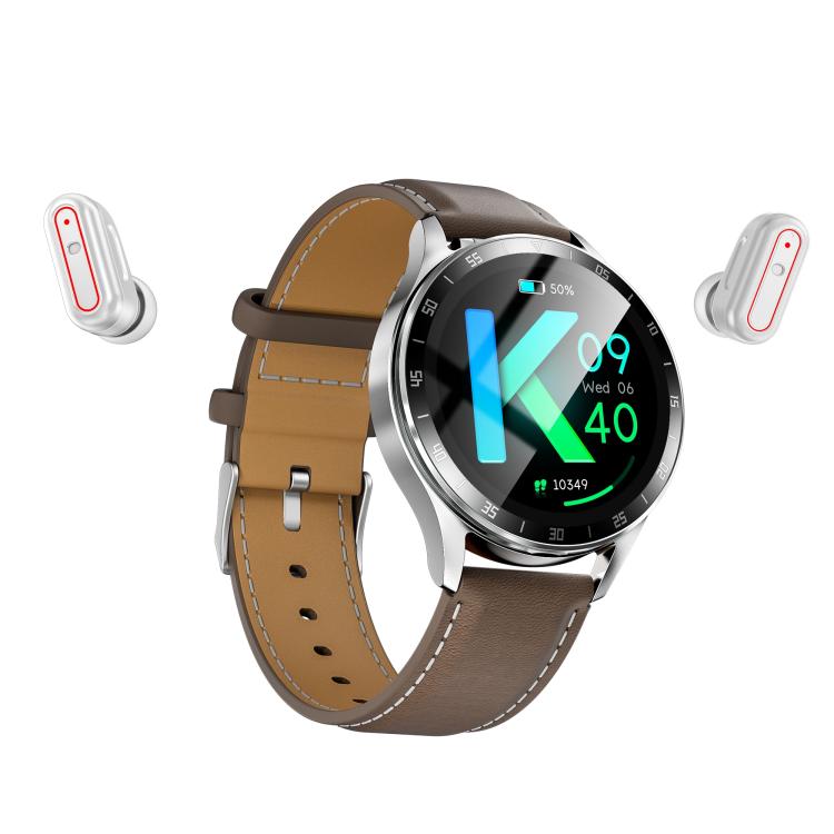 X10 Headphones Smart Watch 1.39 inch Waterproof Bracelet, Support Bluetooth Call / NFC / Heart Rate(Silver + Brown Leather) by bashfashion