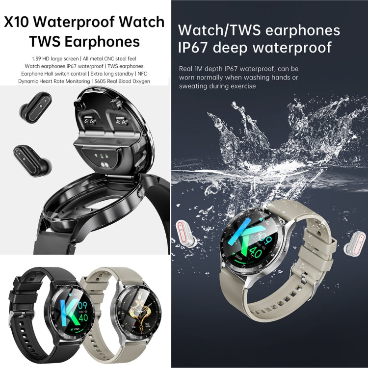 X10 Headphones Smart Watch 1.39 inch Waterproof Bracelet, Support Bluetooth Call / NFC / Heart Rate(Black + Leather) by bashfashion