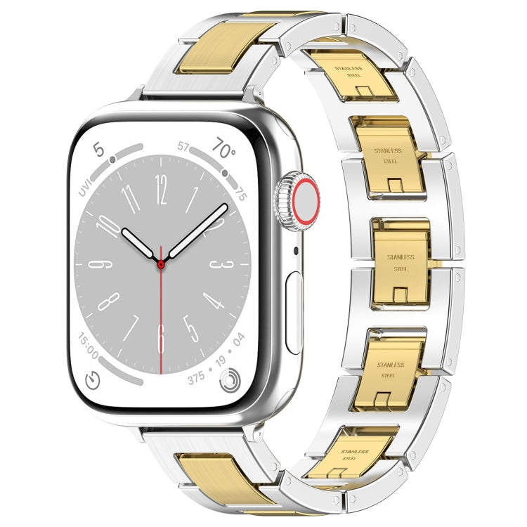 For Apple Watch Series 9 45mm H Slim Stainless Steel Watch Band(Silver Gold) by bashfashion