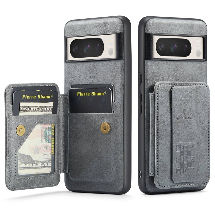 For Google Pixel 8 Pro Fierre Shann Oil Wax Cow Leather Card Holder Back Phone Case(Grey) by FIERRE SHANN