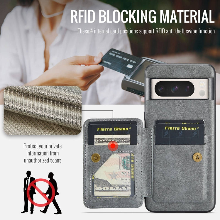 For Google Pixel 8 Pro Fierre Shann Oil Wax Cow Leather Card Holder Back Phone Case(Grey) by FIERRE SHANN