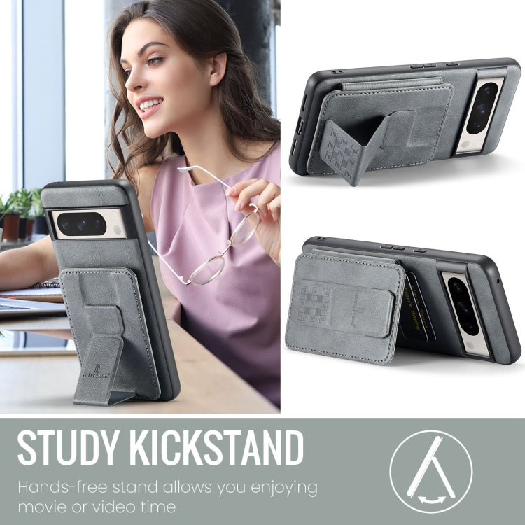 For Google Pixel 8 Pro Fierre Shann Oil Wax Cow Leather Card Holder Back Phone Case(Grey) by FIERRE SHANN