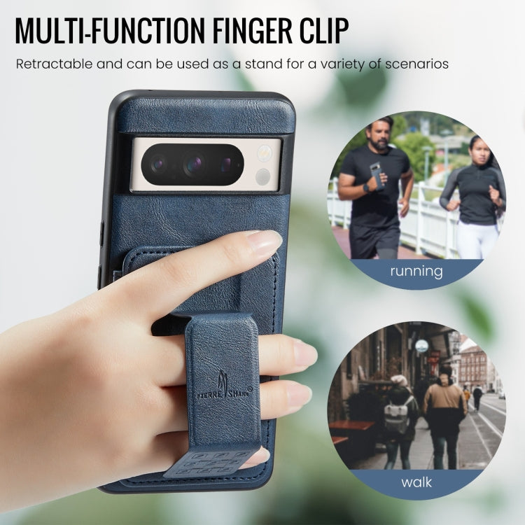 For Google Pixel 8 Pro Fierre Shann Oil Wax Cow Leather Card Holder Back Phone Case(Blue) by FIERRE SHANN