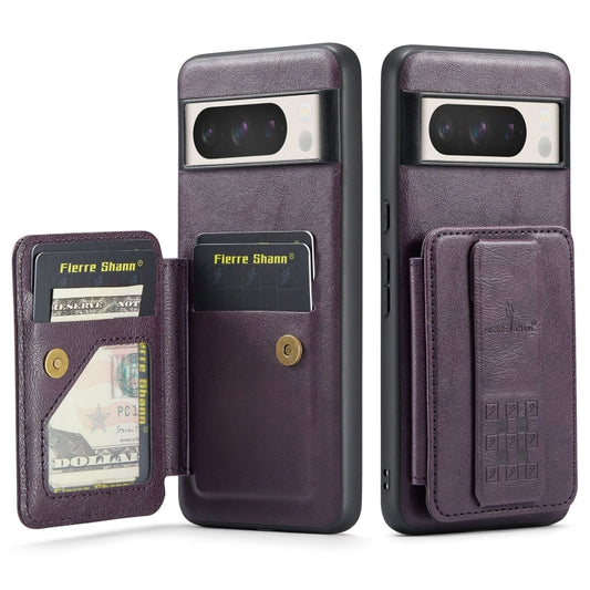 For Google Pixel 8 Pro Fierre Shann Oil Wax Cow Leather Card Holder Back Phone Case(Purple) by FIERRE SHANN