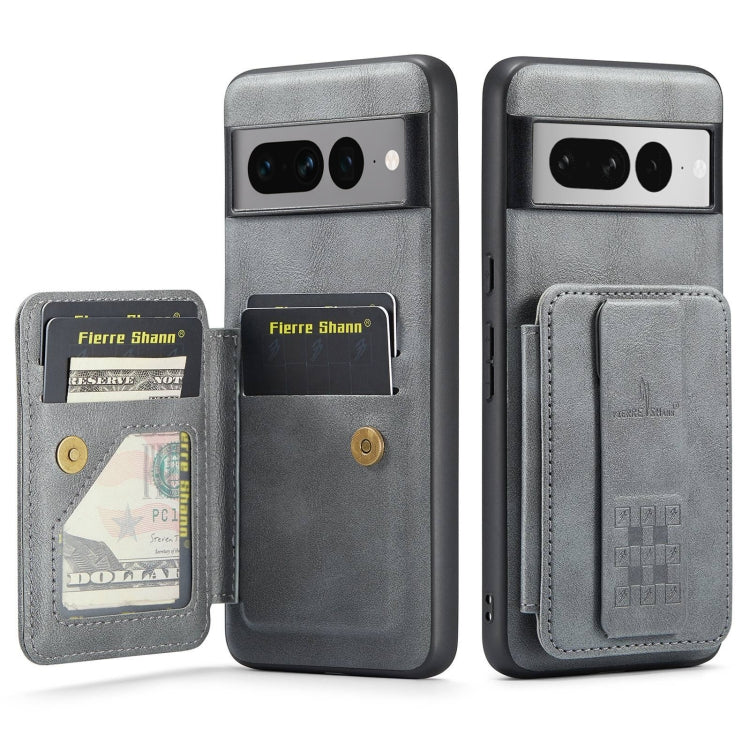 For Google Pixel 7 Pro Fierre Shann Oil Wax Cow Leather Card Holder Back Phone Case(Grey) by FIERRE SHANN