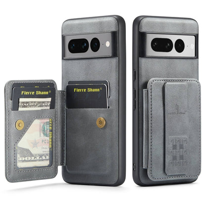 For Google Pixel 7 Pro Fierre Shann Oil Wax Cow Leather Card Holder Back Phone Case(Grey) by FIERRE SHANN