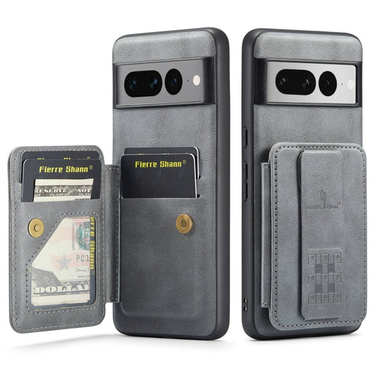 For Google Pixel 7 Pro Fierre Shann Oil Wax Cow Leather Card Holder Back Phone Case(Grey) by FIERRE SHANN