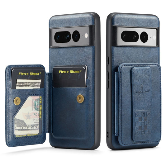 For Google Pixel 7 Pro Fierre Shann Oil Wax Cow Leather Card Holder Back Phone Case(Blue) by FIERRE SHANN