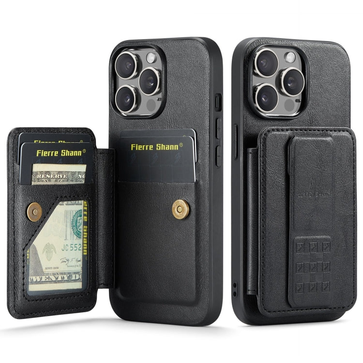 For iPhone 15 Pro Max Fierre Shann Oil Wax Cow Leather Card Holder Back Phone Case(Black) by FIERRE SHANN
