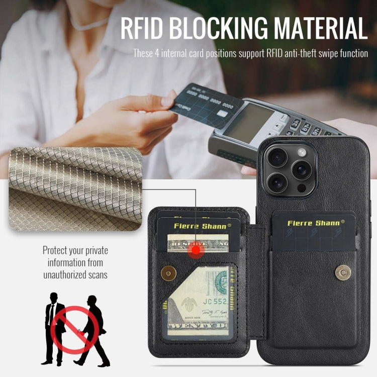 For iPhone 15 Pro Max Fierre Shann Oil Wax Cow Leather Card Holder Back Phone Case(Black) by FIERRE SHANN