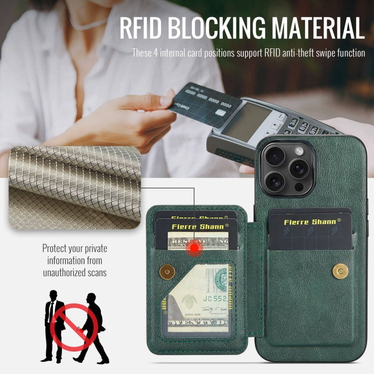 For iPhone 15 Pro Max Fierre Shann Oil Wax Cow Leather Card Holder Back Phone Case(Green) by FIERRE SHANN
