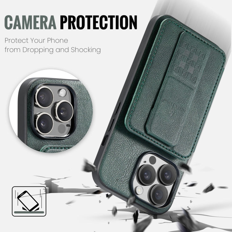 For iPhone 15 Pro Max Fierre Shann Oil Wax Cow Leather Card Holder Back Phone Case(Green) by FIERRE SHANN