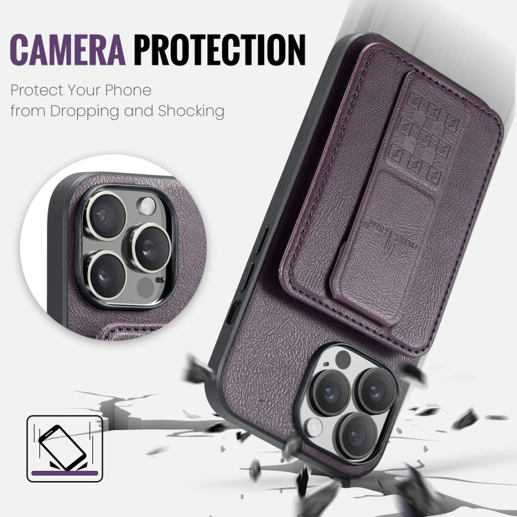 For iPhone 15 Pro Max Fierre Shann Oil Wax Cow Leather Card Holder Back Phone Case(Purple) by FIERRE SHANN