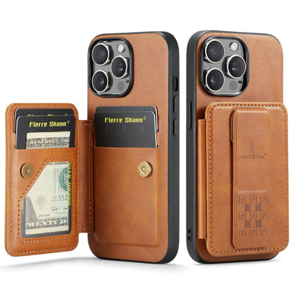 For iPhone 15 Pro Max Fierre Shann Oil Wax Cow Leather Card Holder Back Phone Case(Brown) by FIERRE SHANN