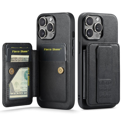 For iPhone 15 Pro Fierre Shann Oil Wax Cow Leather Card Holder Back Phone Case(Black) by FIERRE SHANN