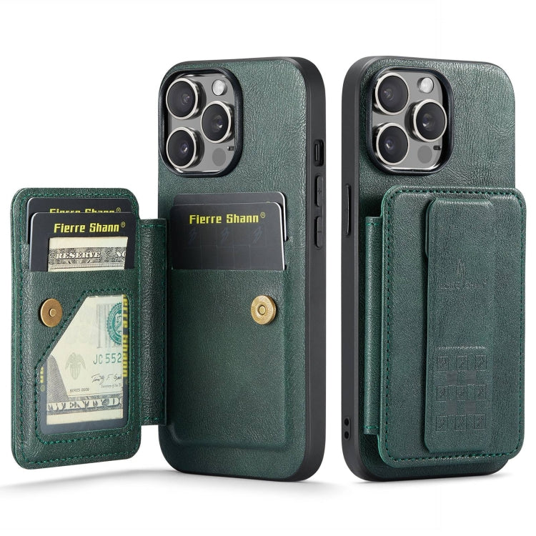 For iPhone 15 Pro Fierre Shann Oil Wax Cow Leather Card Holder Back Phone Case(Green) by FIERRE SHANN