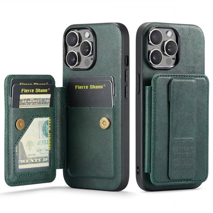 For iPhone 15 Pro Fierre Shann Oil Wax Cow Leather Card Holder Back Phone Case(Green) by FIERRE SHANN